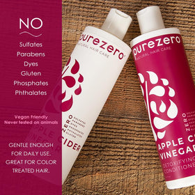 Purezero bottles on bathroom shelf lifestyle, communicates salon-inspired routine