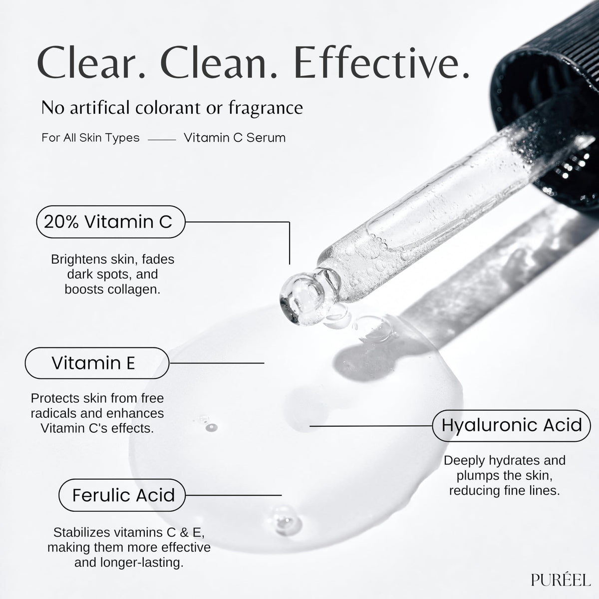 Purify dropper closeup dispensing a clear drop demonstrating precise application
