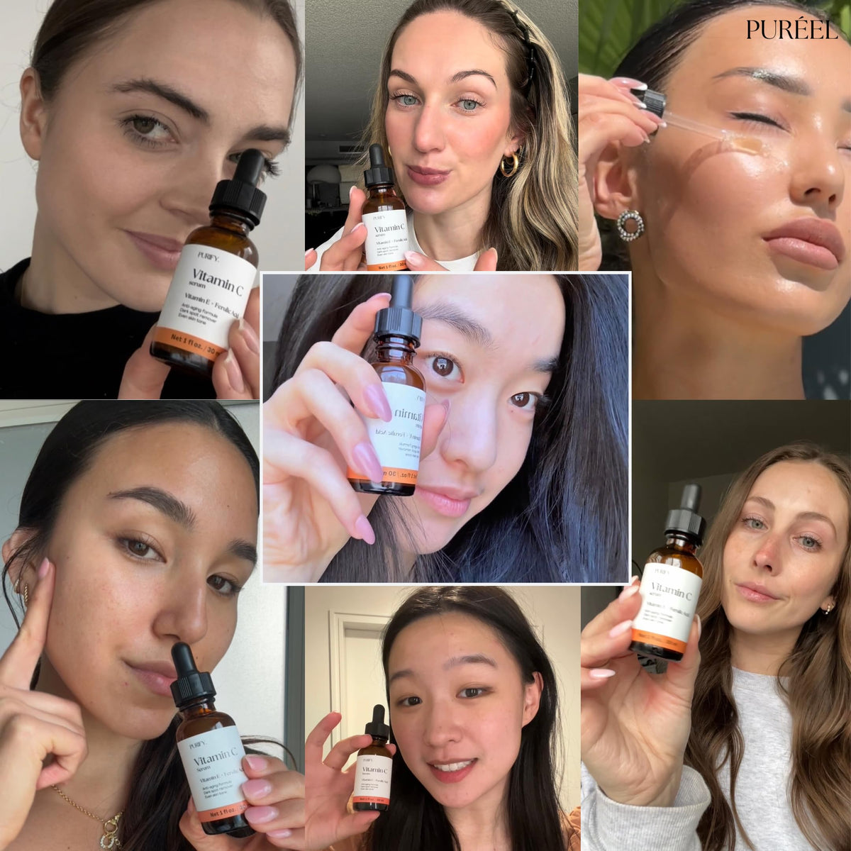 Purify label and ingredients list close-up highlighting vitamin C, E, and ferulic acid