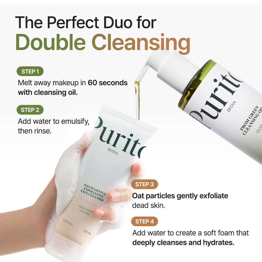 PURITO bottle on bathroom counter in lifestyle setting, suggesting easy daily double-cleanse use