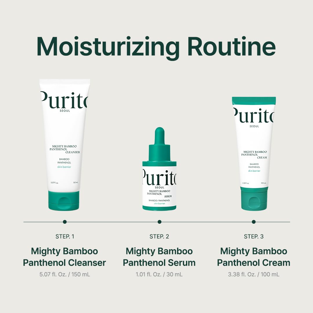 PURITO serum applied in morning routine promoting dewy base and quick layering