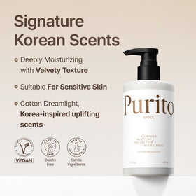 PURITO lotion texture close-up illustrating velvety, non-greasy finish