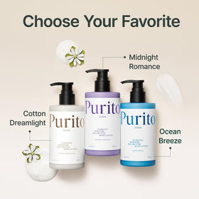 PURITO 300ml bottle next to a hand demonstrating true size benefit