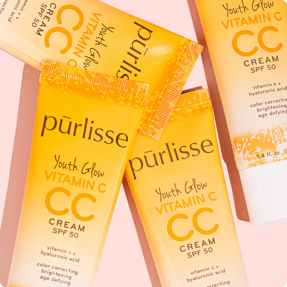 pūrlisse CC cream on vanity during morning skincare routine for convenience