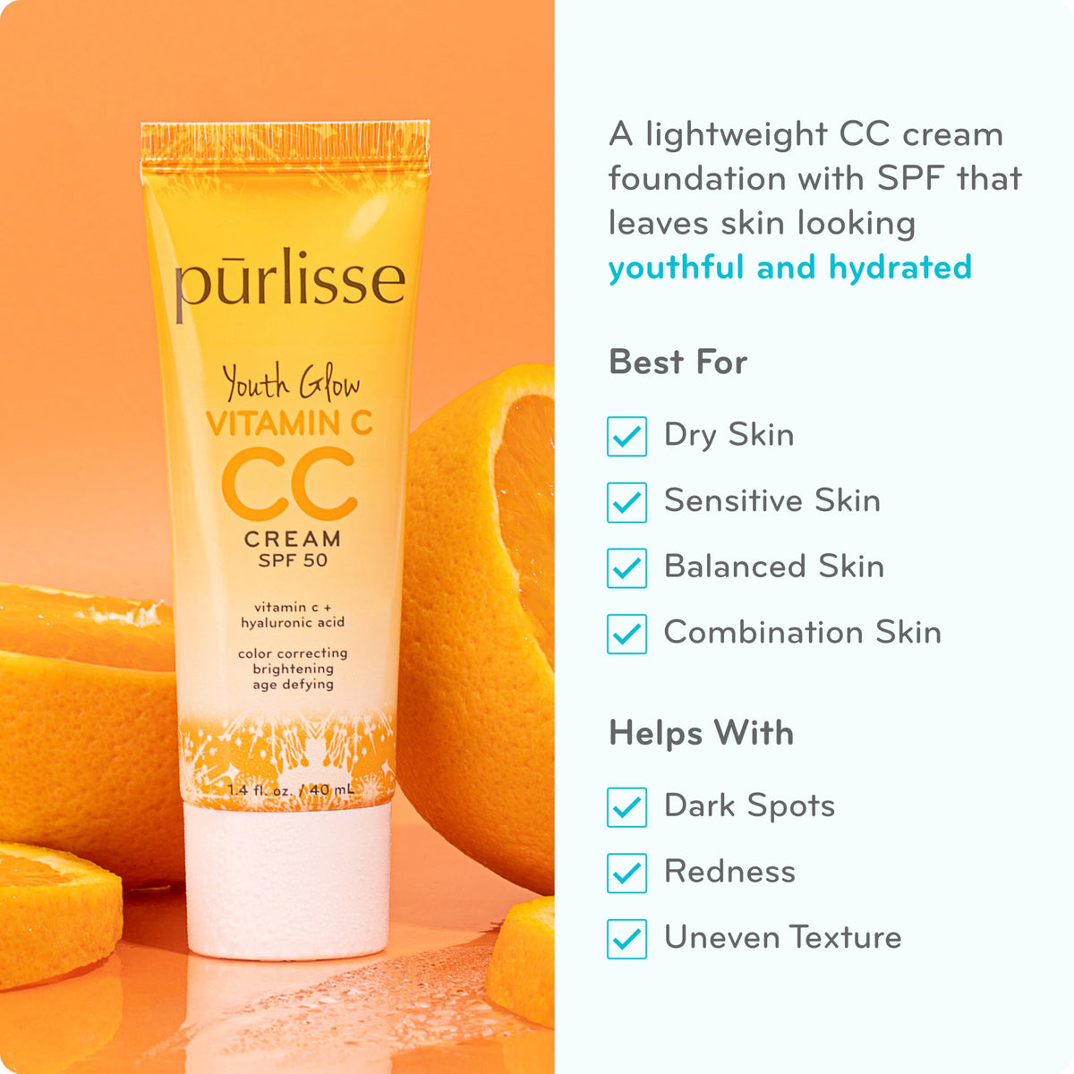 pūrlisse CC cream open cap texture demonstrating creamy hydrating finish