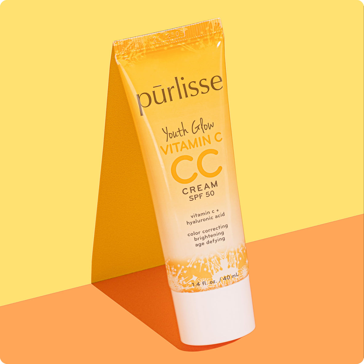 pūrlisse ingredient display with vitamin C and hyaluronic acid benefits