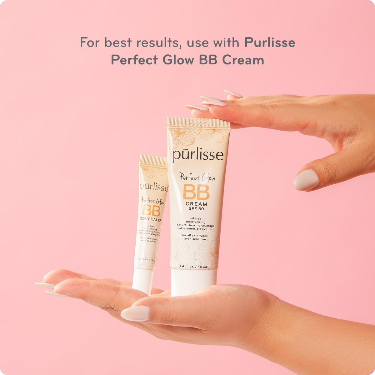 pūrlisse concealer paired with Perfect Glow BB cream to show layered glow option