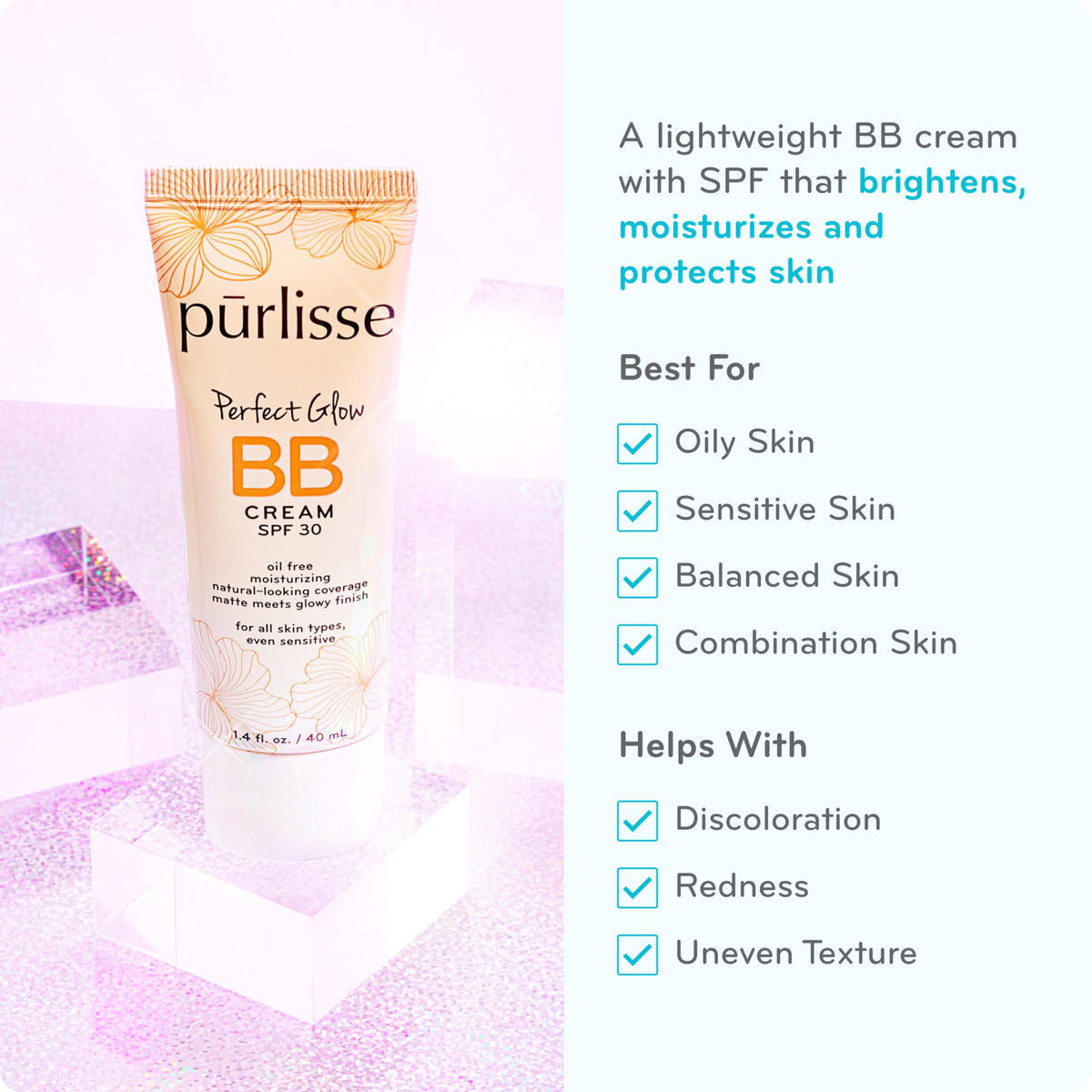 pūrlisse BB cream texture swatch showing smooth blendable finish benefit