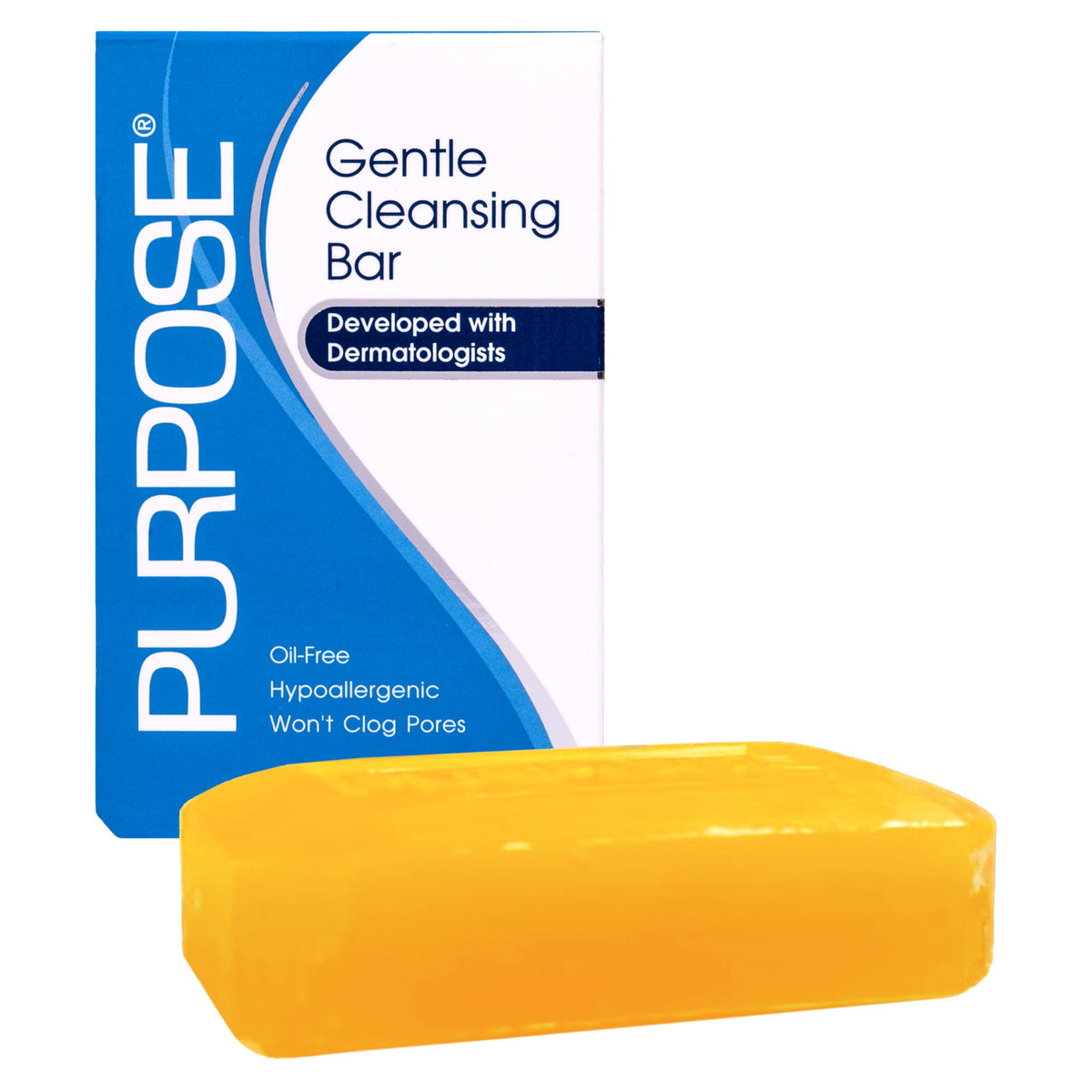Purpose cleansing bar front packaging showing label and size, clear product benefit