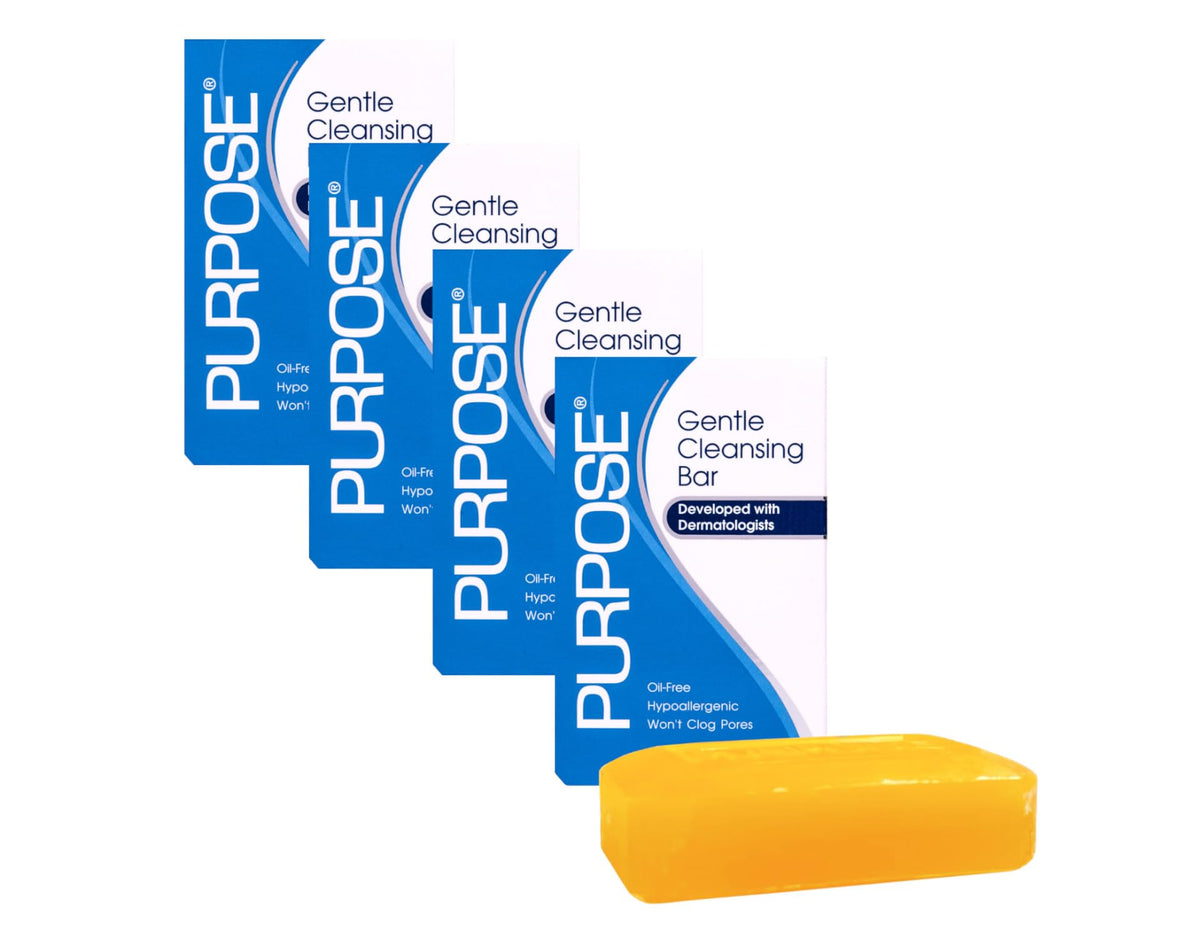 Purpose cleansing bar front packaging showing pack of four and clear branding benefit gentle cleansing