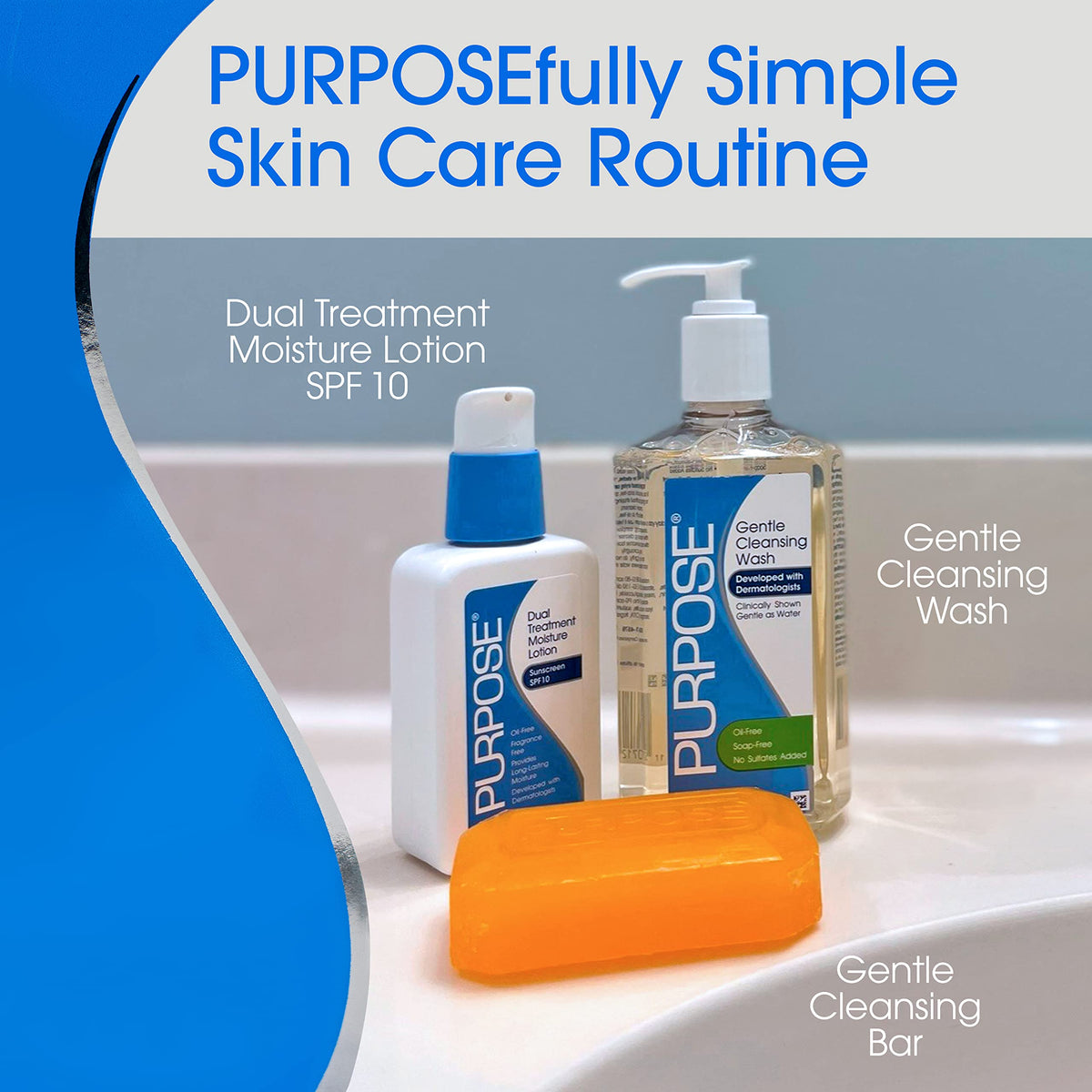 Purpose cleansing bar styled on bathroom shelf showing minimalist skincare routine
