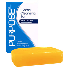 PURPOSE close-up of side label highlighting dermatologist development