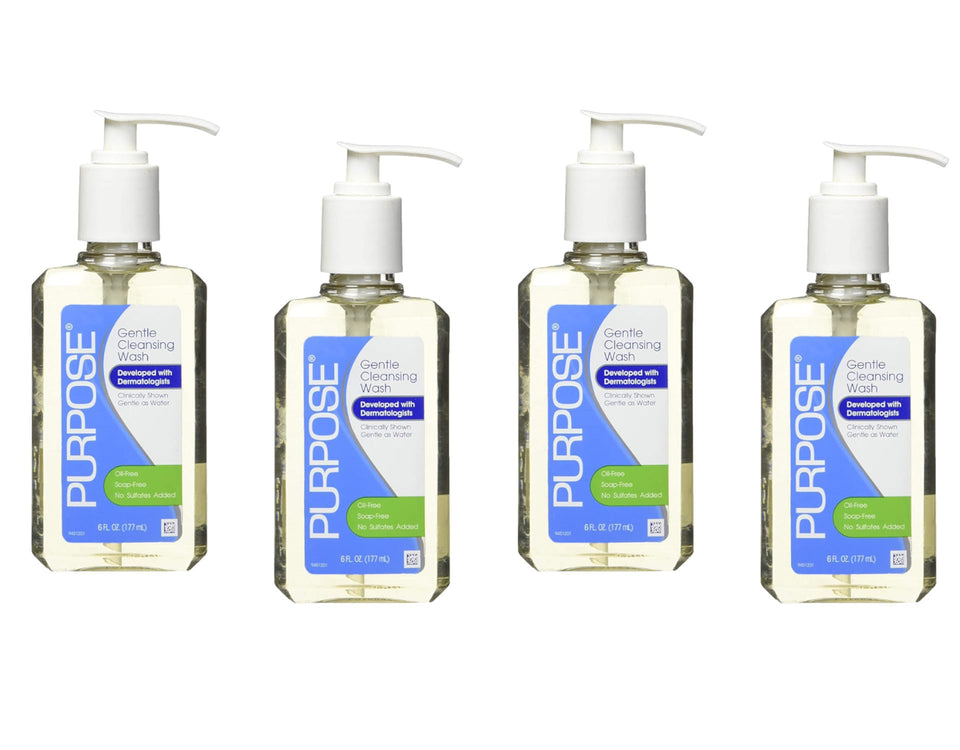 Purpose gentle cleansing wash front packaging showing four 6oz pumps for convenience