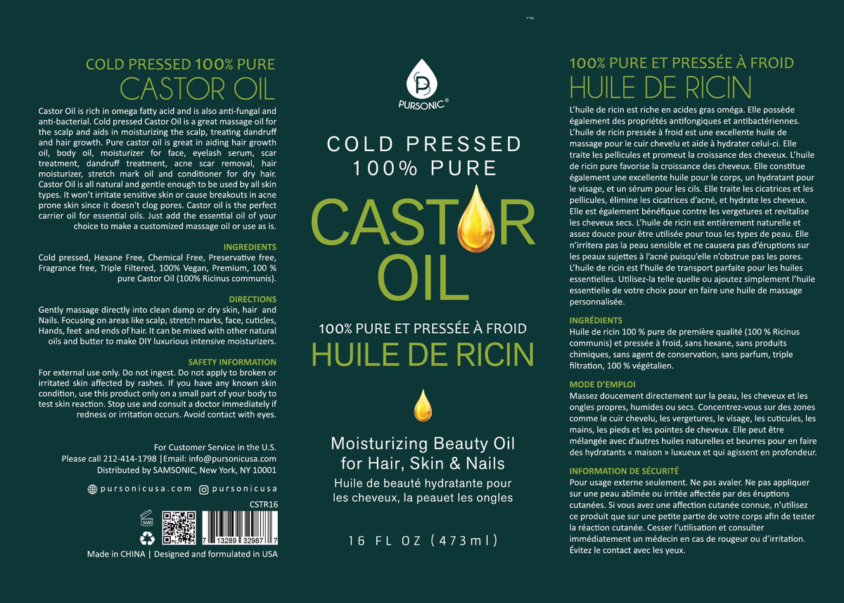 PURSONIC castor oil staged in bathroom setting for everyday beauty routine benefit
