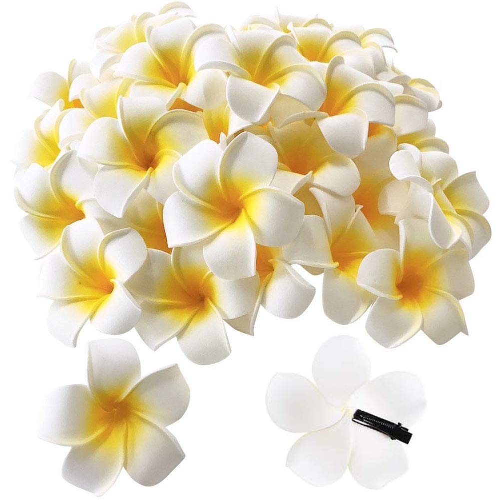 Pursuestar front view of 50 white plumeria clips showcasing package contents and benefit quick décor
