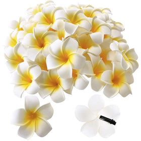 Pursuestar front view of 50 white plumeria clips showcasing package contents and benefit quick décor