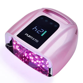 Purtato front view of plating pink cordless nail lamp, highlights compact design and portability