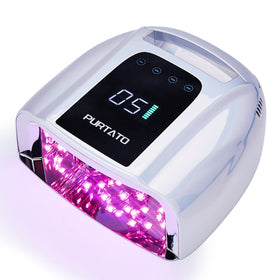 Purtato front view of plating silver lamp showing roomy curing area and benefit of full-hand coverage