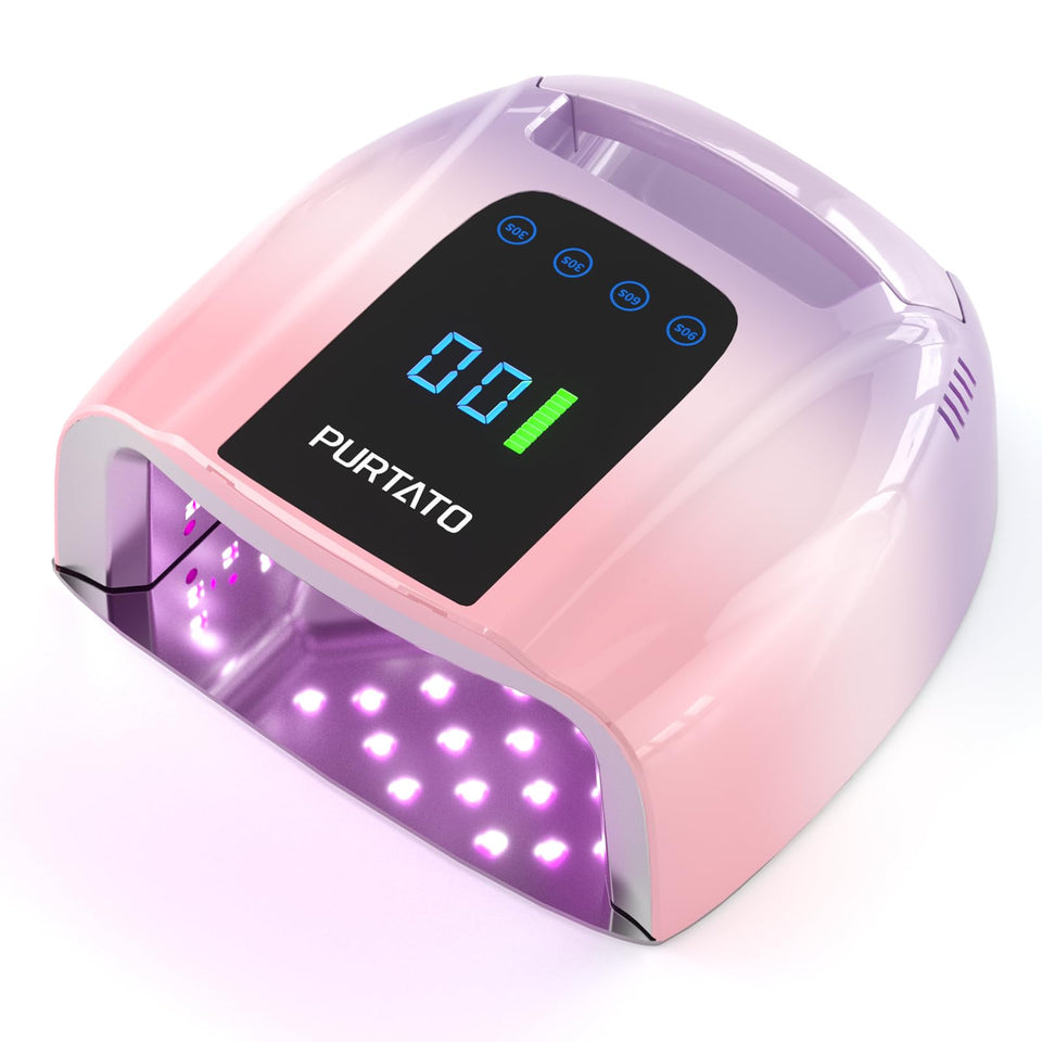 Purtato front view purple and pink lamp showing compact portable design and fast curing benefit