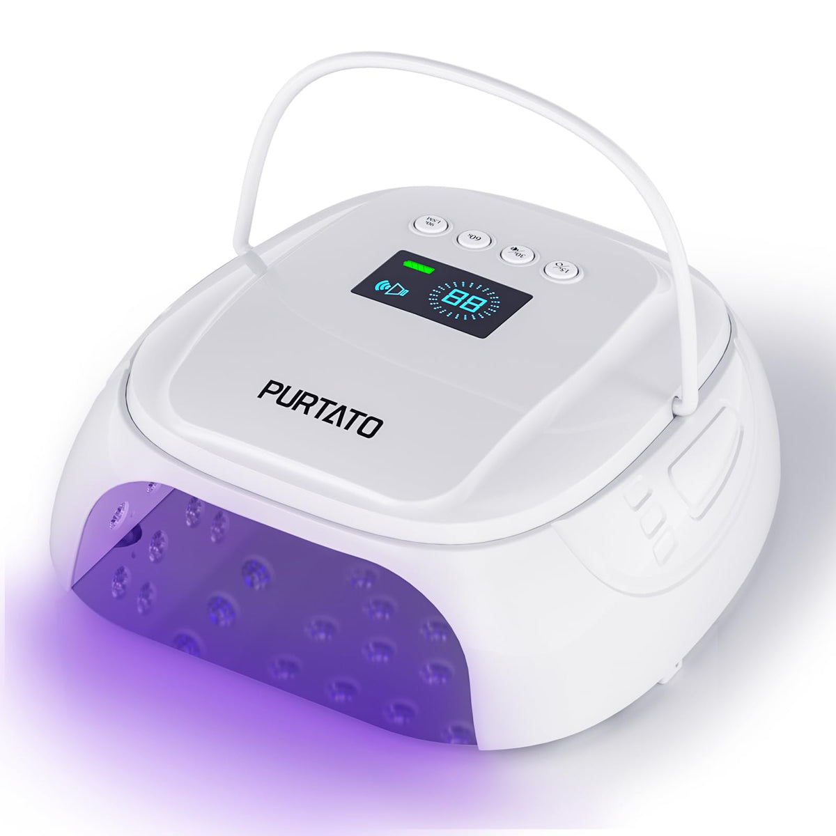 Purtato front view of white lamp showing compact design and fast curing