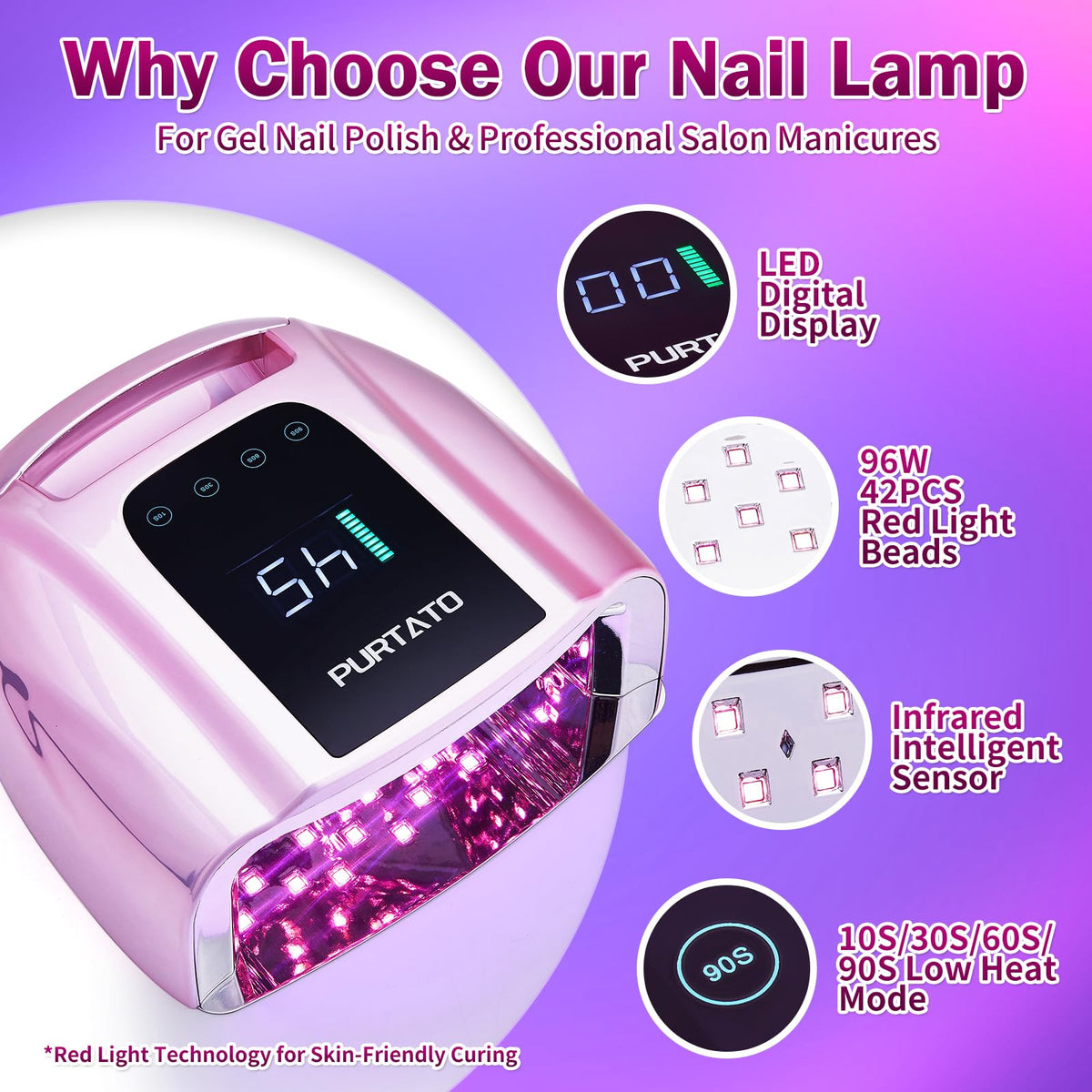 Purtato LCD timer and control close-up, displays selectable 10s-90s settings for precision