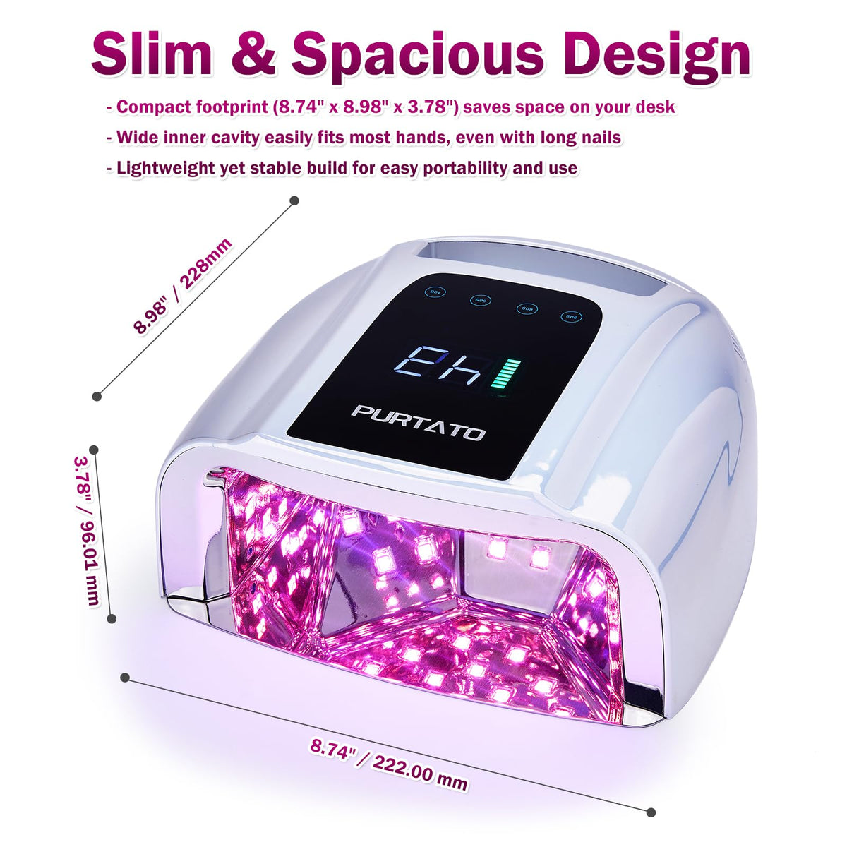 Purtato size comparison next to smartphone illustrating compact scale and travel-friendly design