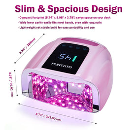 Purtato size comparison beside manicure tools, conveys scale and capacity for five fingers
