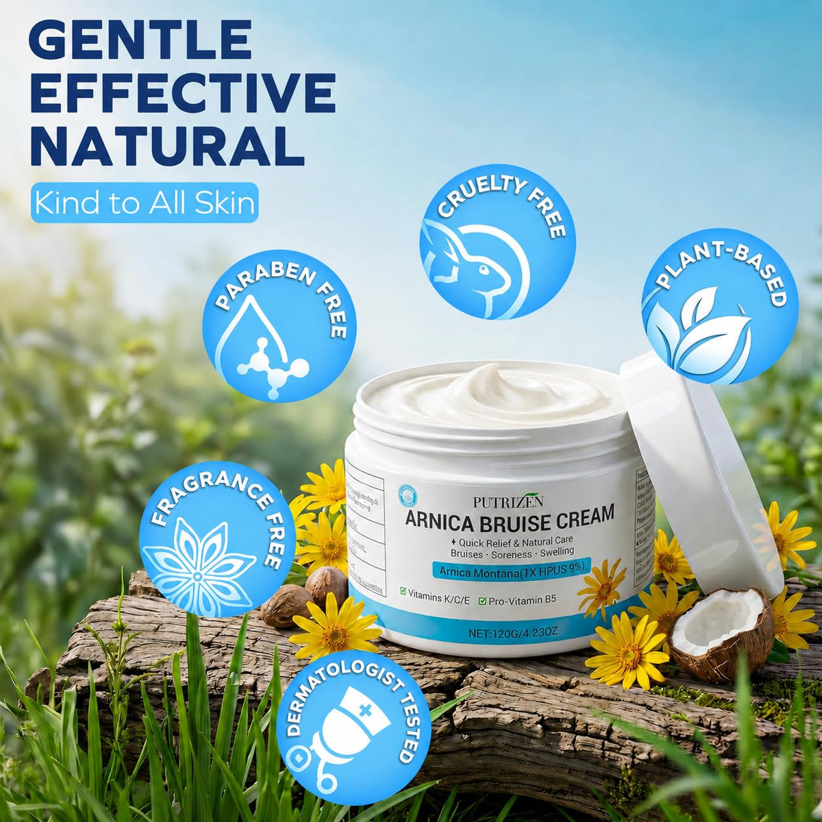 PUTRIZEN applied to hand demonstrating soothing and hydrating benefit