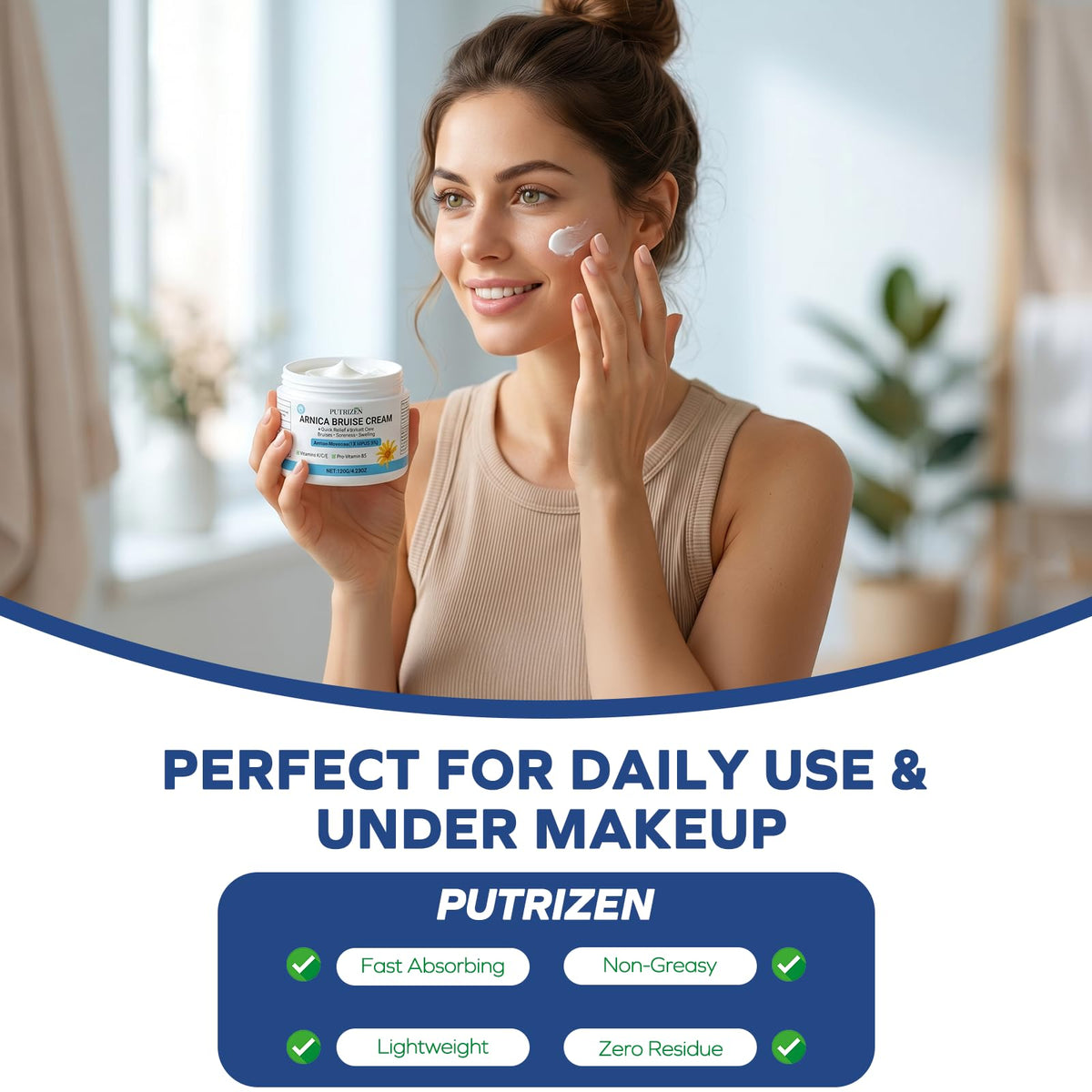 PUTRIZEN on face under makeup showing non-greasy wearable benefit