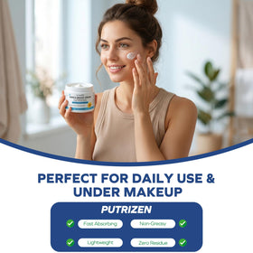 PUTRIZEN on face under makeup showing non-greasy wearable benefit