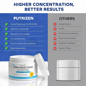 PUTRIZEN jar beside ruler showing 4.23 oz size and portability benefit
