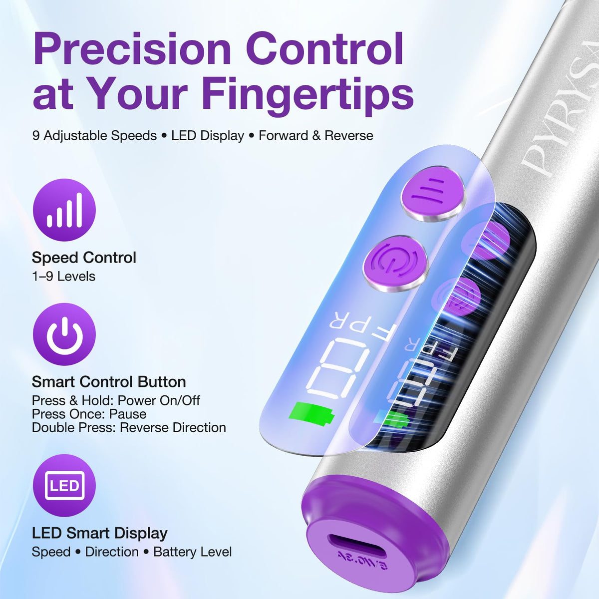 PYRYSA LED display detail showing speed and battery clarity