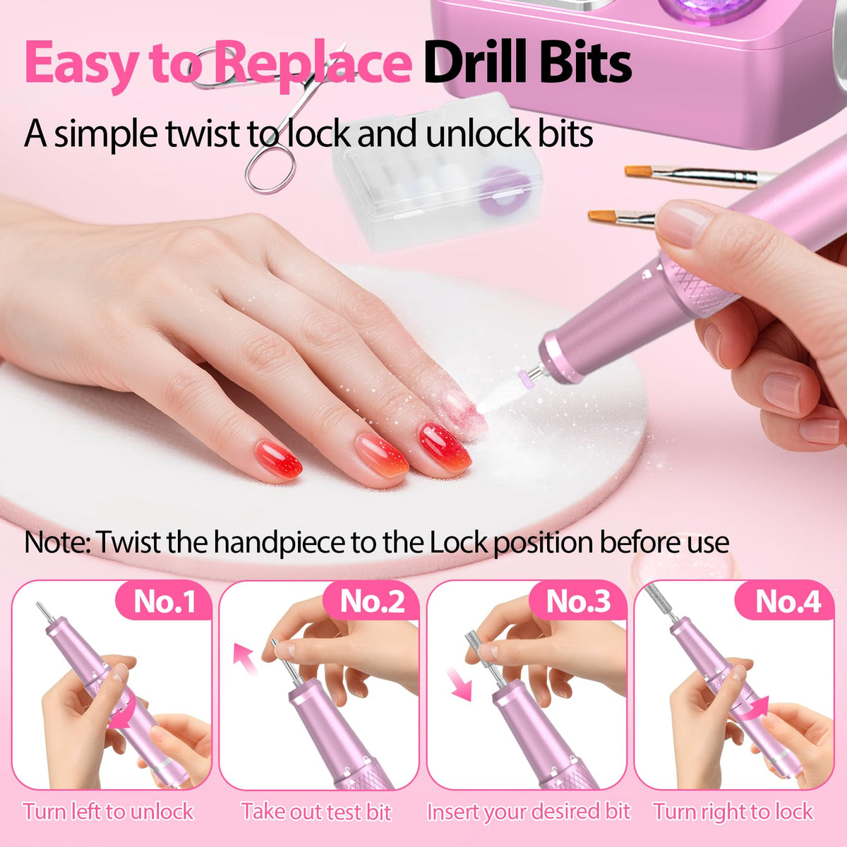 PYVOLA bits and sanding bands laid out for versatile nail shaping benefits