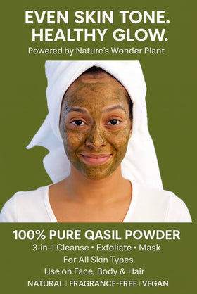 Qasil Organics applied on face illustrating gentle cleansing and pore care