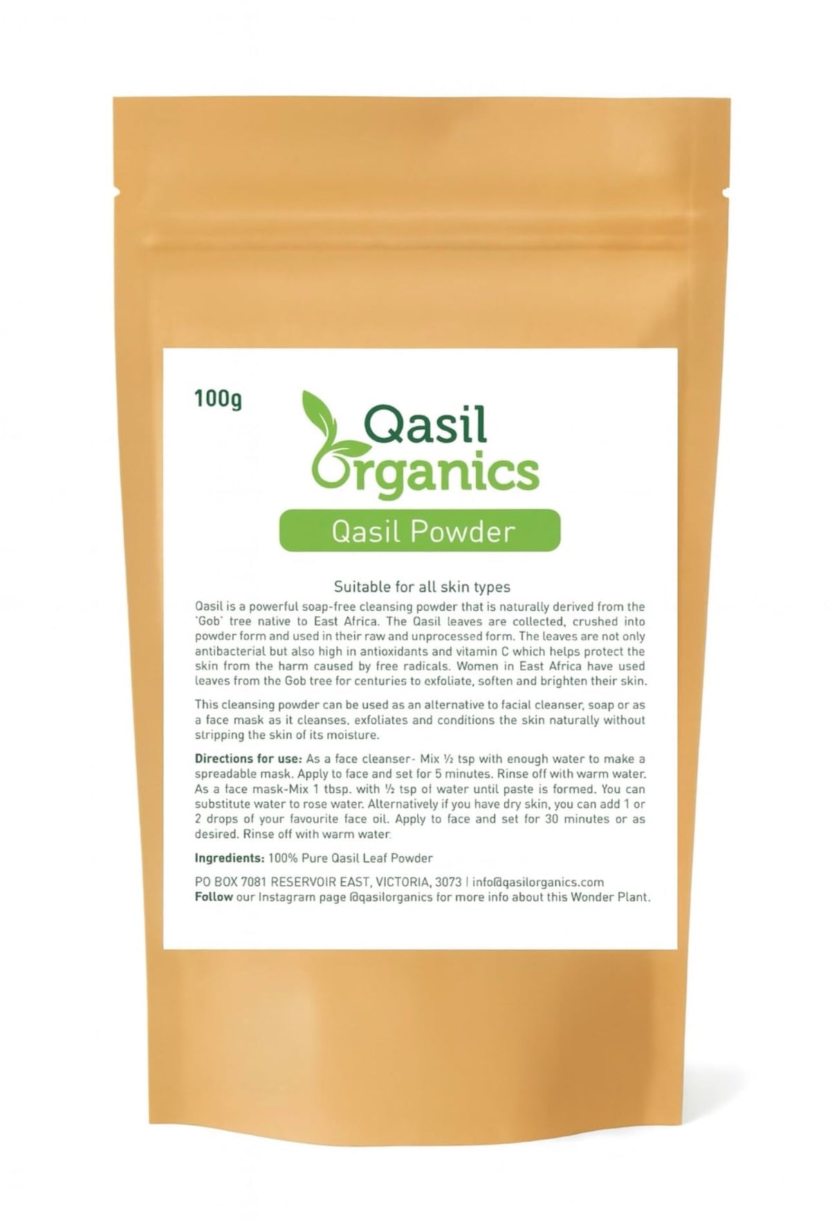 Qasil Organics front packaging showing clean botanical jar and benefit of pure powder