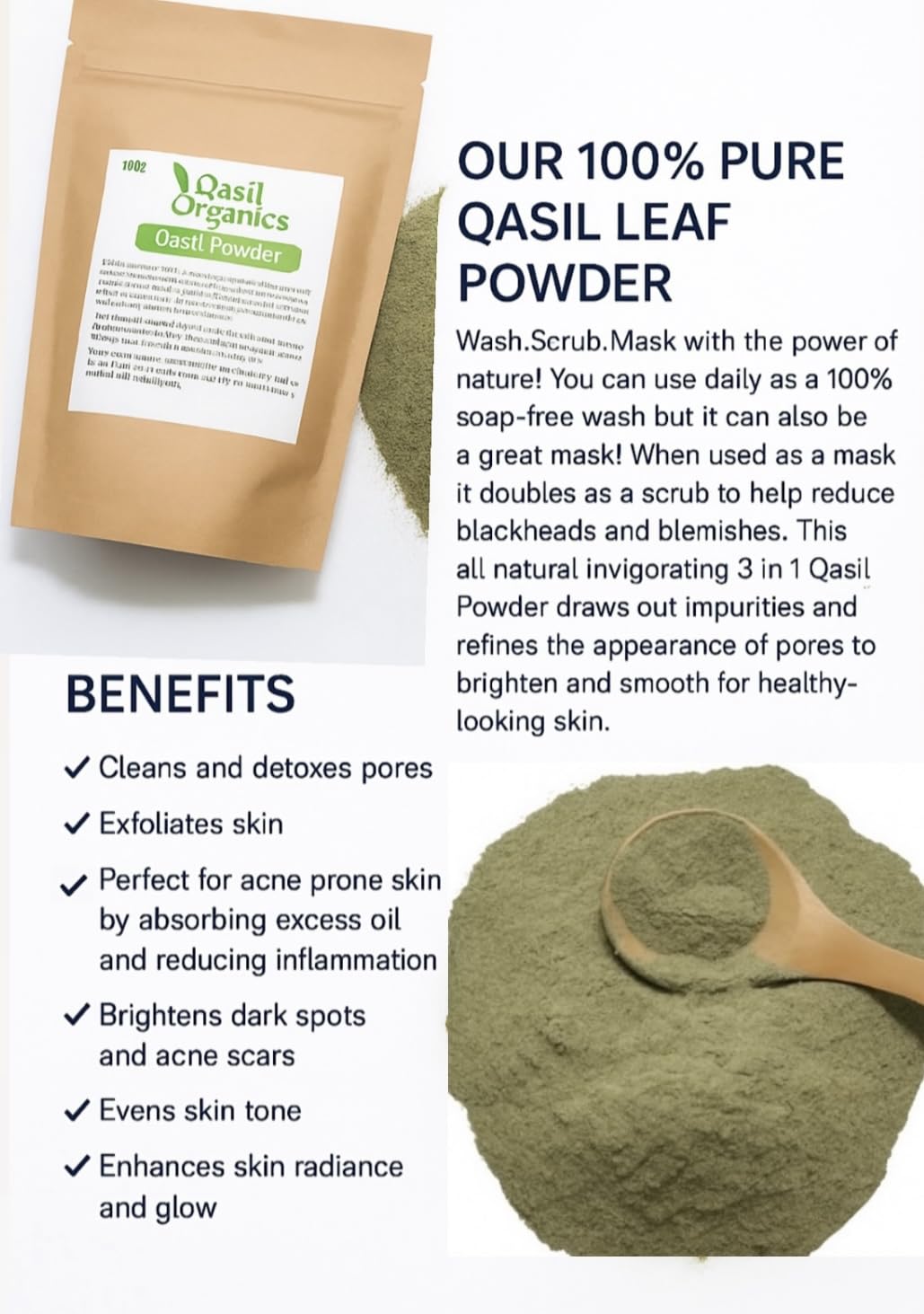 Qasil Organics powder texture close-up highlighting fine grind for gentle exfoliation