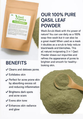 Qasil Organics powder texture close-up highlighting fine grind for gentle exfoliation