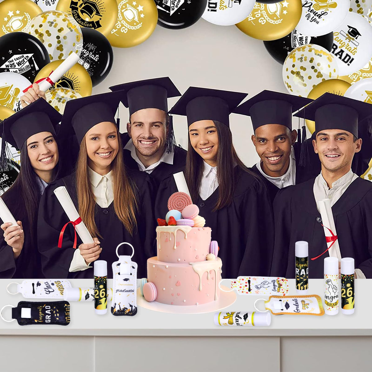 QAUYETM party favor table display showing ready-to-give graduation gifts