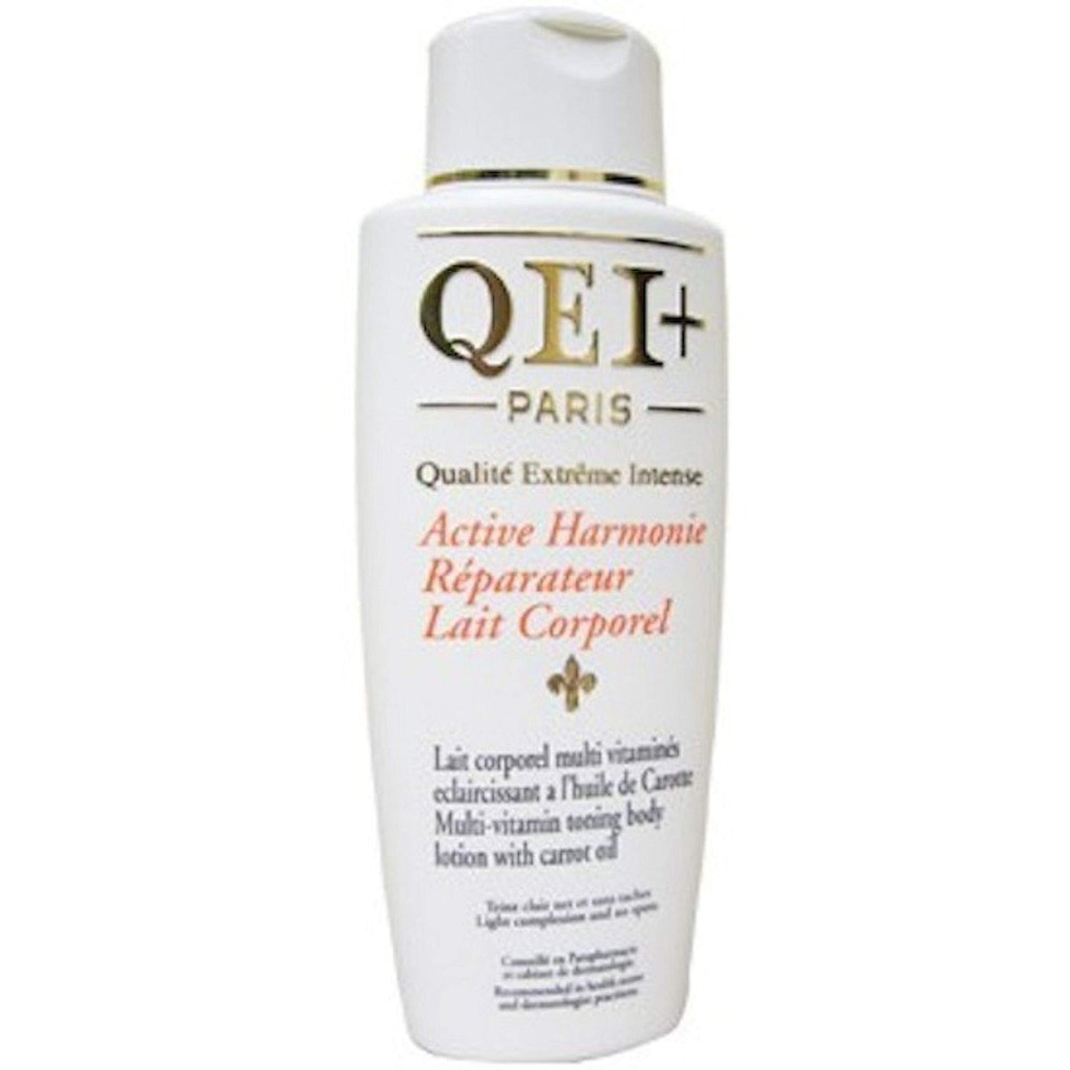 Qei+ Paris front packaging showing lotion bottle and branding, highlighting elegant design