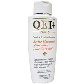 Qei+ Paris front packaging showing lotion bottle and branding, highlighting elegant design