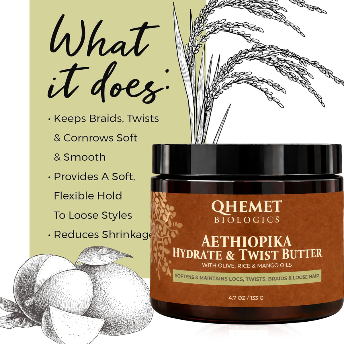Qhemet Biologics olive, mango and rice bran oils highlighting nourishing blend