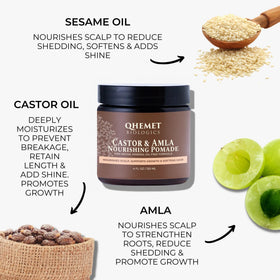 Castor oil and amla close-up with Qhemet Biologics to show nourishing ingredients