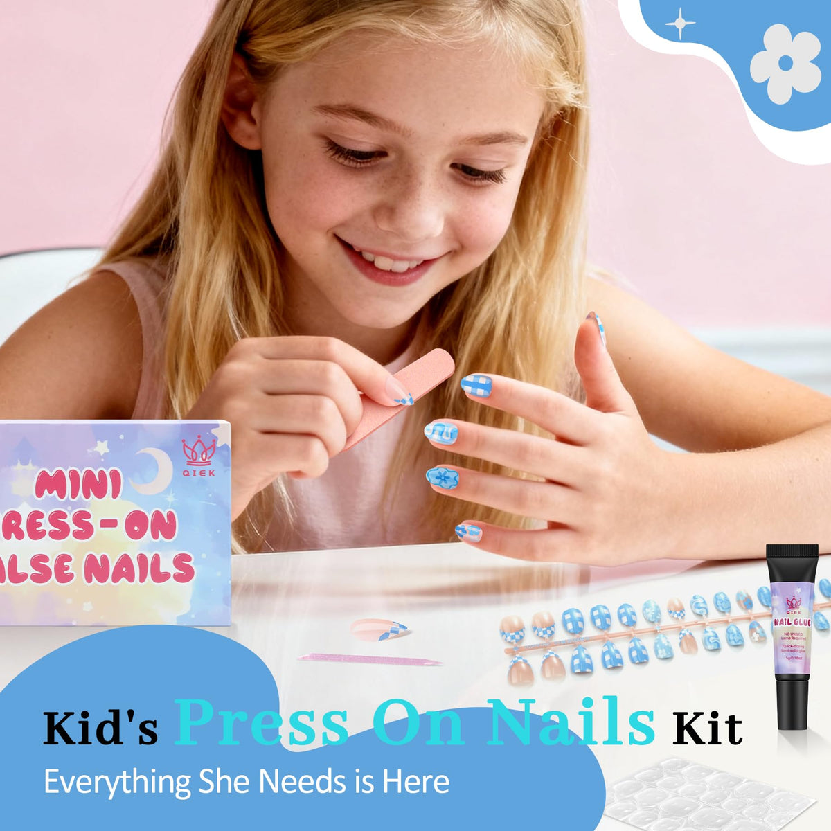 QIEK close-up of blue flower almond press-on nails highlighting cute design benefit