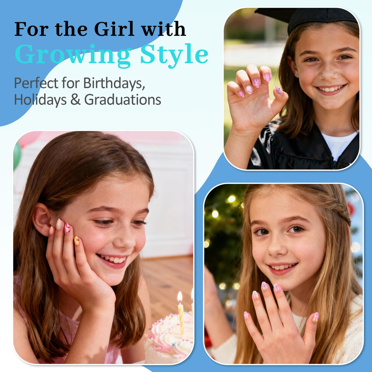 QIEK nail beside coin scale comparison showing extra-short size for tweens benefit