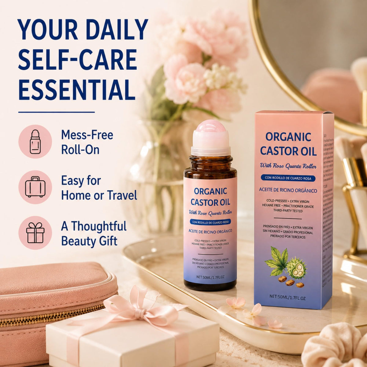 QIMHETU in a bathroom scene as a calming self-care ritual with rose quartz roller