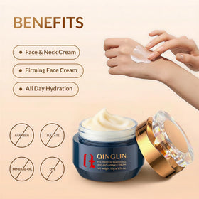 QINGLIN applying cream to face and neck demonstrating firming routine