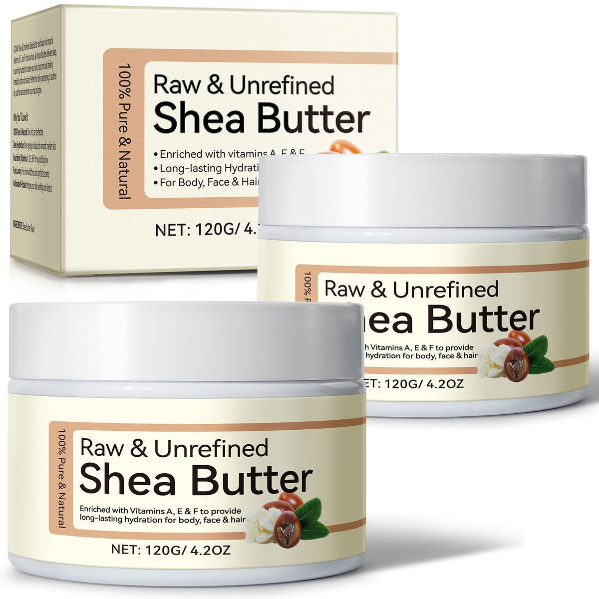 QJCWXIAOX front view of two raw shea butter jars showing packaging and purity benefit
