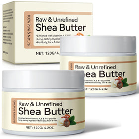 QJCWXIAOX front view of two raw shea butter jars showing packaging and purity benefit