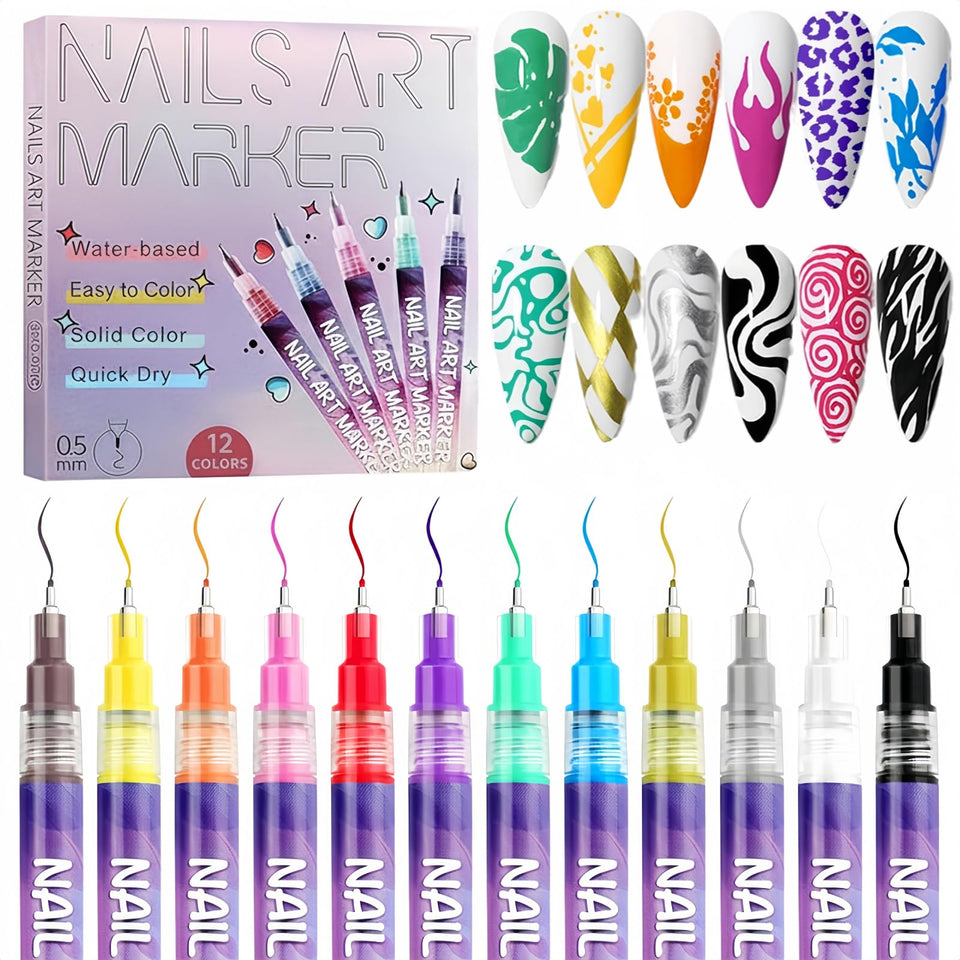 QMVFEJD front packaging showing the 12-color nail pens and benefits