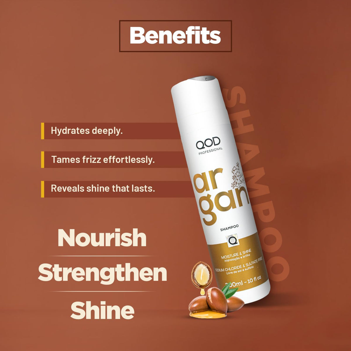QoD PRO argan oil ingredient bottle, highlights organic nourishment benefit